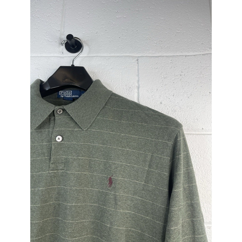 Ralph Lauren Polo Shirt Mens L Green Striped Long Sleeve Golf Rugby 100% Cotton - Picture 3 of 6